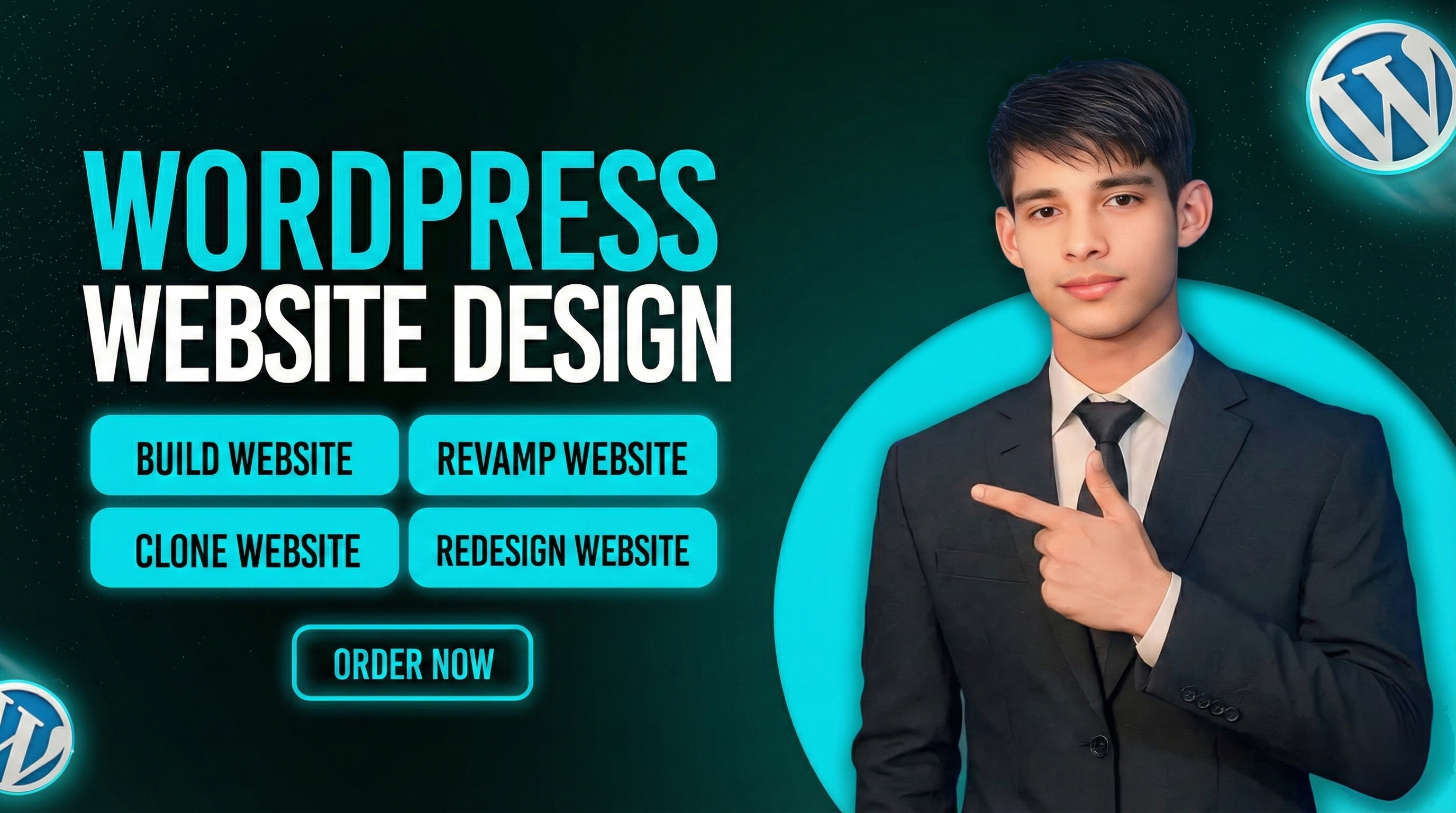 Gig cover image presenting WordPress Website Design service by Akaeid Hasan, WordPress and Elementor expert. The image shows Akaeid Hasan in a formal suit pointing towards the headline “WordPress Website Design” on a modern green and dark background with WordPress logo symbol. Feature texts such as build website, revamp website, clone website, and redesign website are visible along with an order now button. This image represents modern WordPress websites built with Elementor, optimized for speed, performance, security, and user-friendly experience created by Akaeid Hasan for businesses and personal brands.